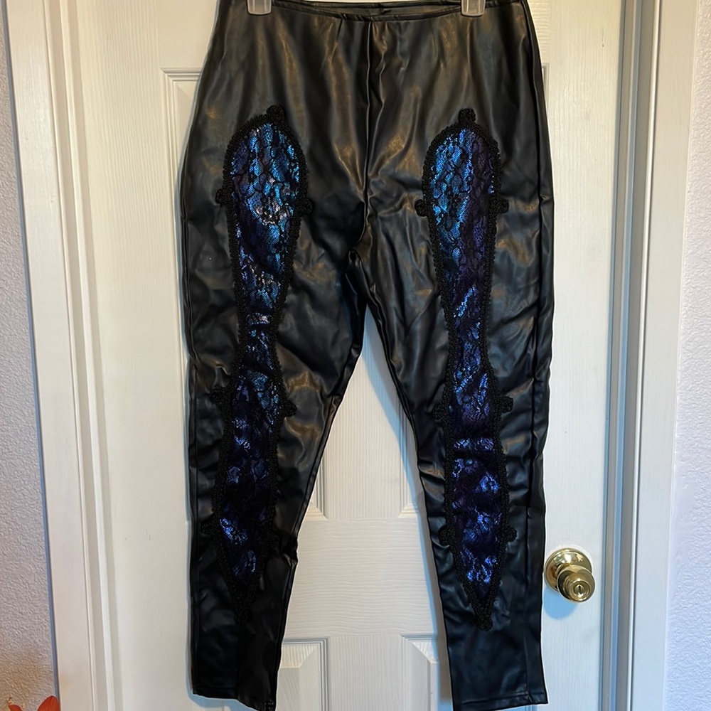 Spirit Halloween Black Faux Leather Pants with iridescent purple details